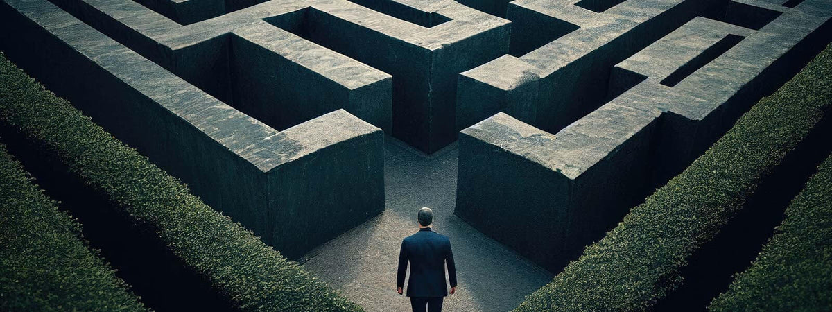 Ein Mann steht vor einem komplexen Labyrinth, das von hohen Hecken umgeben ist.
