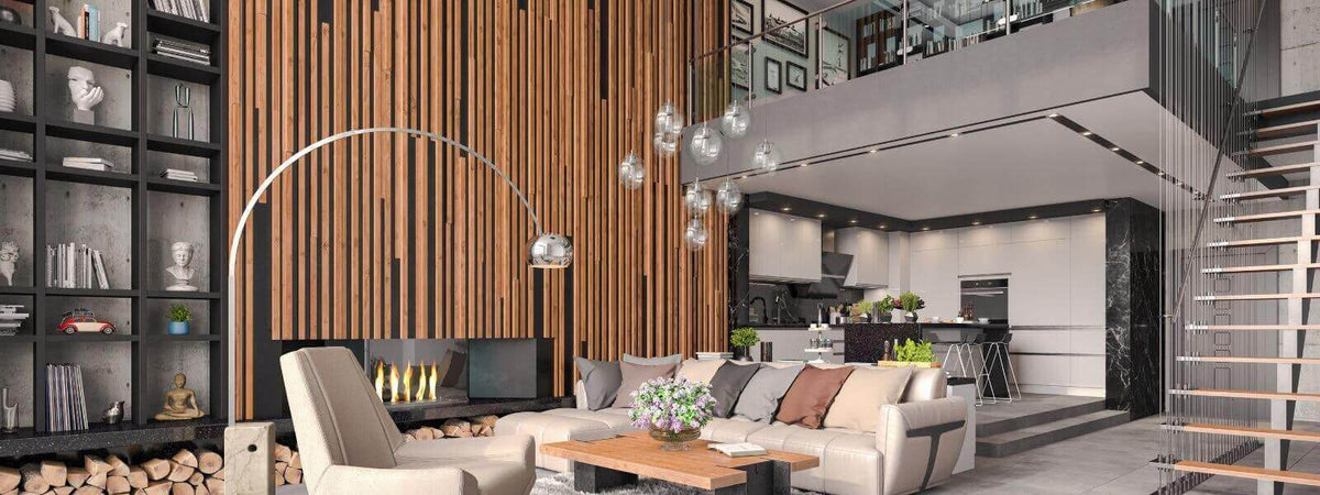 Moderne Wohnraumgestaltung mit Mehrfach Pendelleuchten und stilvollen Holzelementen.