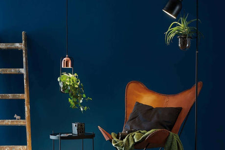Gemütliche Leseecke mit Pflanzenleuchten an der Wand, stilvolles Design und Dschungel-Feeling.