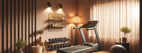 Modernes Home-Gym mit Laufband, Hanteln und weicher Beleuchtung für ein optimales Trainingserlebnis.