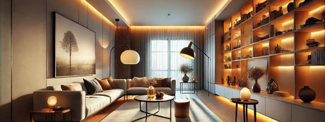 Gemütliches Wohnzimmer mit Dim-to-Warm Beleuchtung und modernen Möbeln in warmer Atmosphäre.