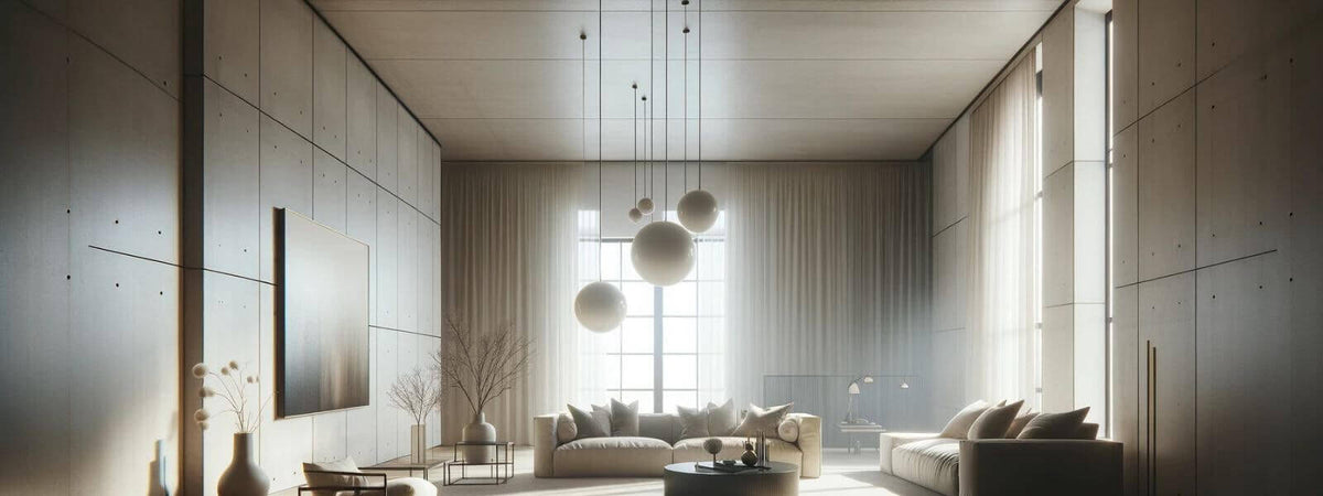Modernes Wohnzimmer mit stilvoller Deckenleuchte und elegantem Möbel-Design.