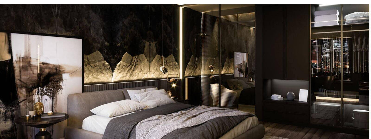 Stilvolles Schlafzimmer mit indirekter und direkter Beleuchtung, elegant und modern eingerichtet.