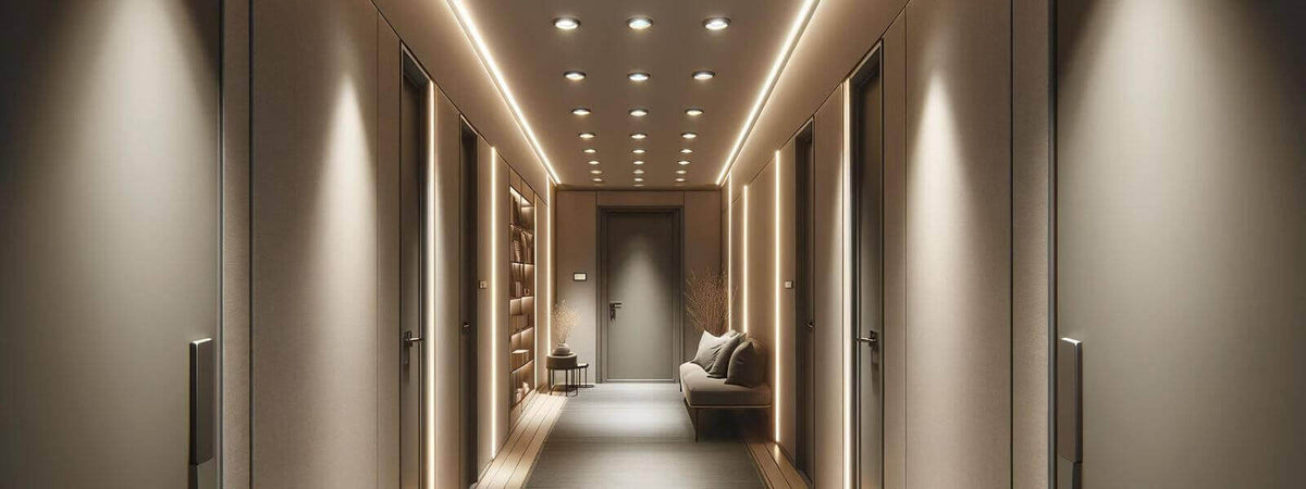 Schmaler Flur mit moderner Beleuchtung und neutralen Farbtönen, ideal für effektive Lichtgestaltung.