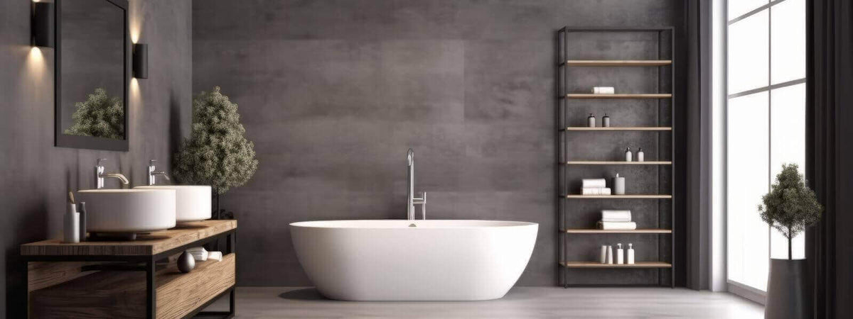 Moderne Badezimmergestaltung mit freistehender Badewanne und eleganter Beleuchtung.