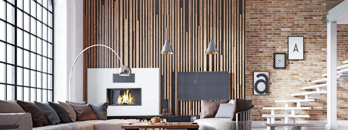 Moderne Wohnzimmergestaltung mit Holzvertäfelung, Kamin und stilvollen Leuchten für harmonische Raumfarben.