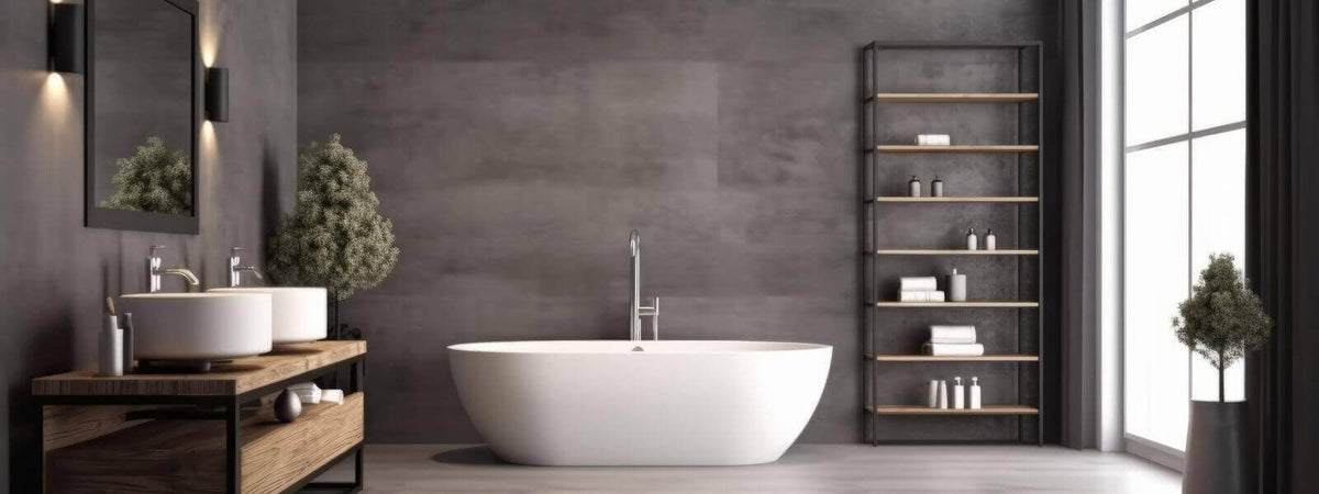 Moderne Badezimmer mit freistehender Badewanne, stilvollem Waschtisch und beleuchteten Wänden.
