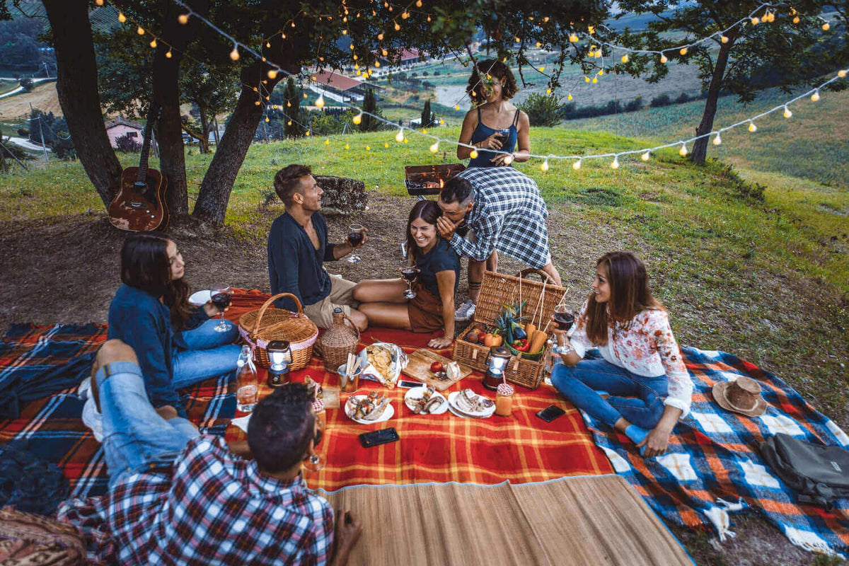 Freunde genießen ein Picknick im Freien unter Lichtern, umgeben von Natur, mit Essen und Musik.