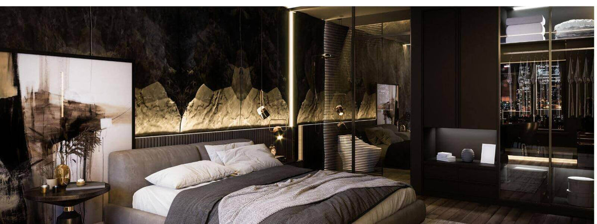 Modernes Schlafzimmer mit indirekter Beleuchtung und eleganter Einrichtung, ideal für Zuhause.