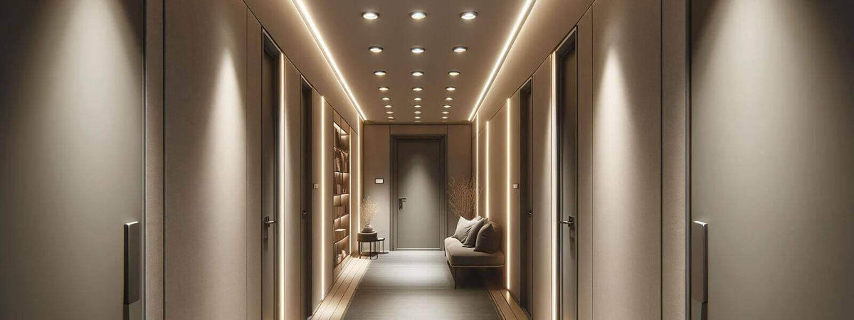 Schmaler Flur mit moderner Beleuchtung und neutralen Farbtönen, ideal für effektive Lichtgestaltung.