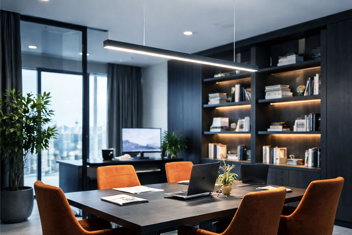 Moderner Konferenzraum mit der s.luce Oris Linienleuchte