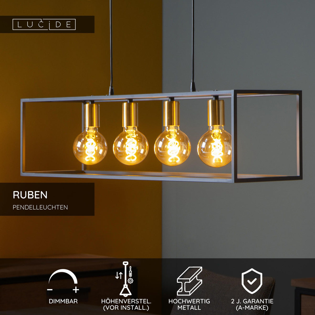 Pendelleuchte Ruben 4-flammig E27 Schwarz, Messing 92cm (6)