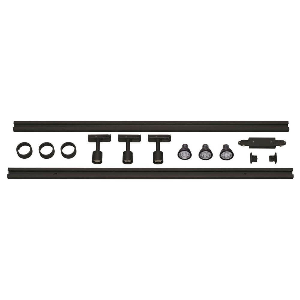 Puri LED 1-Phasen Hochvolt-Set Schwarz 2x1m mit zwei Schienenstücken und drei Strahlern.