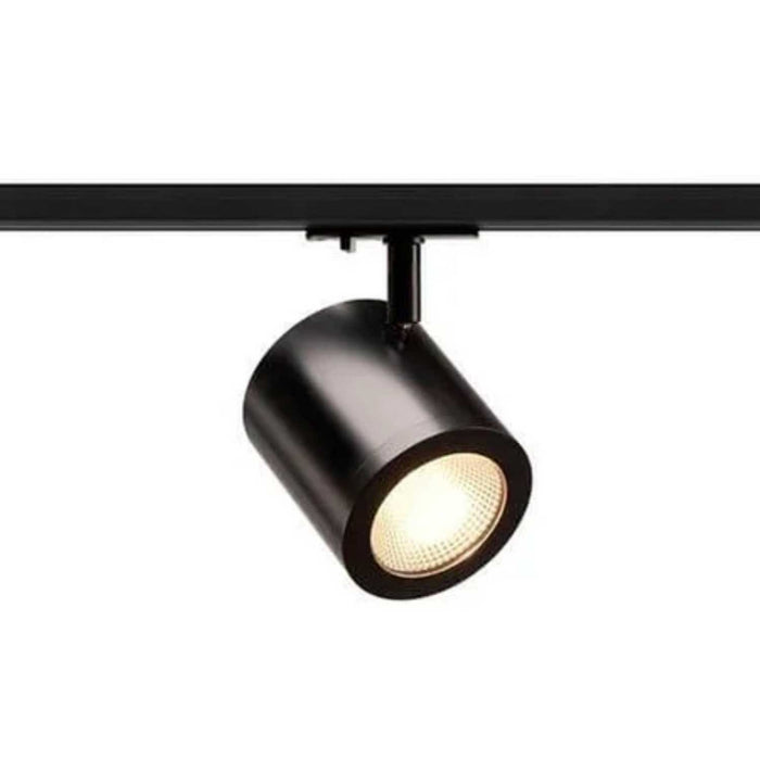 Schwarzer LED-Spotstrahler an Schiene für moderne Innenbeleuchtung