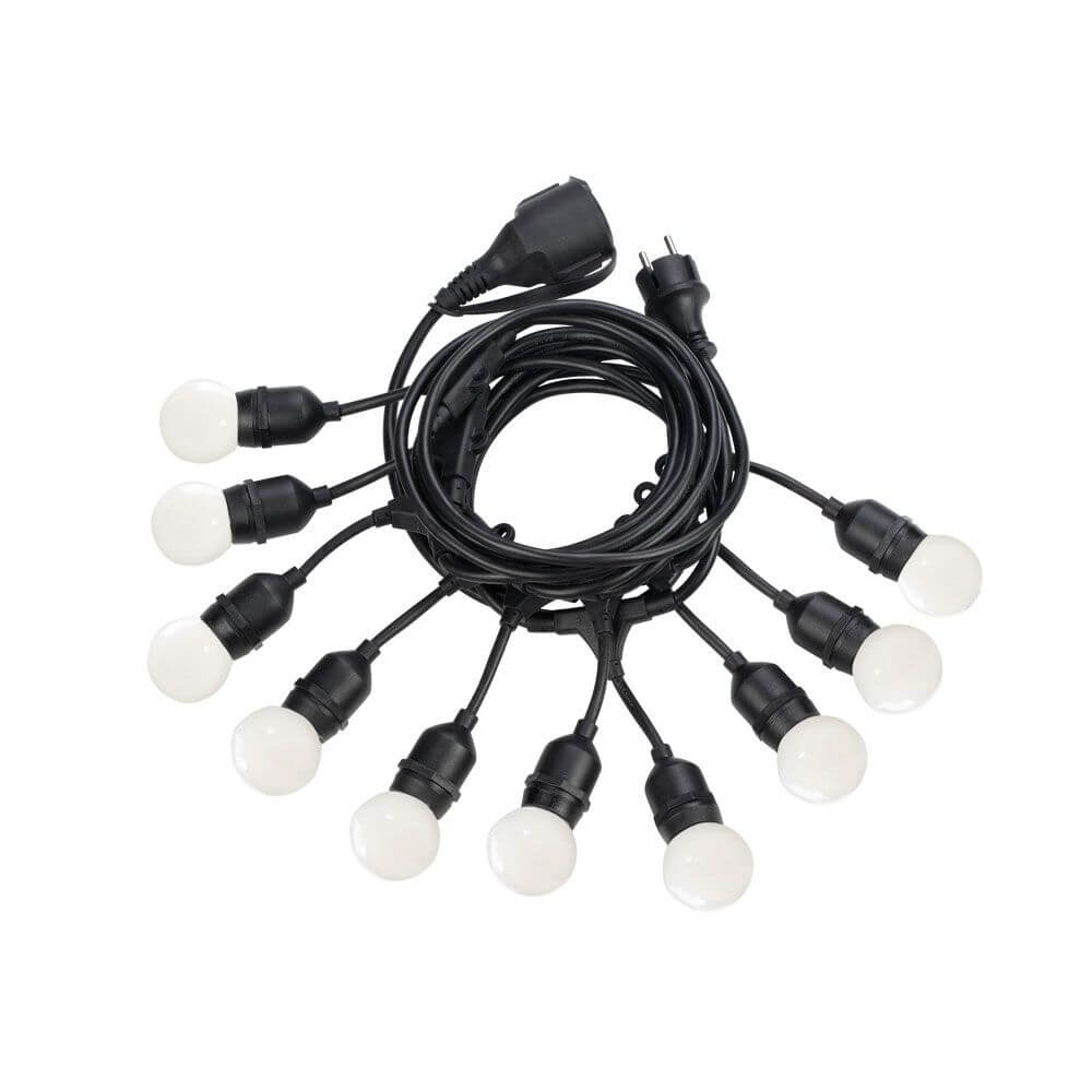 10er Lichterkette Fiesta Sp10 für Außen, schwarze Kabel mit weißen Glühbirnen, ideal für Garten und Party.