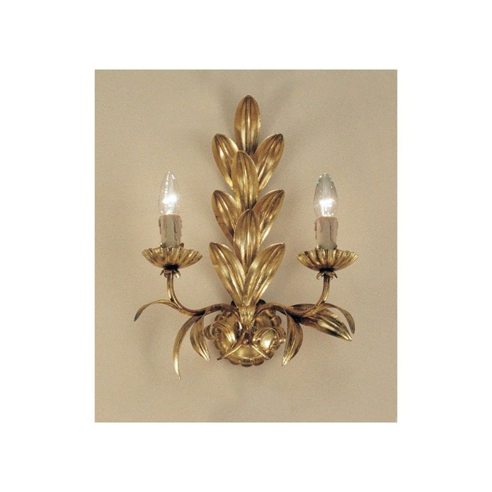 Palma Wandleuchte 2-flammig Blattgold-Auflage antik 40cm mit goldenen Blüten und Kerzenlampen.