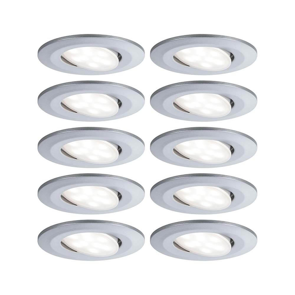 10er-Set LED Einbaulampen Calla Dimmbar IP65 4000K Chrom-Matt in moderner Anordnung.