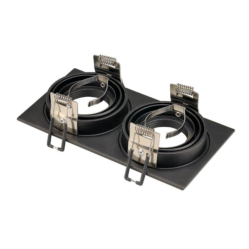 Montageplatte mit zwei verstellbaren Halterungen für GU10 Leuchten, ideal für eine flexible Lichtgestaltung.