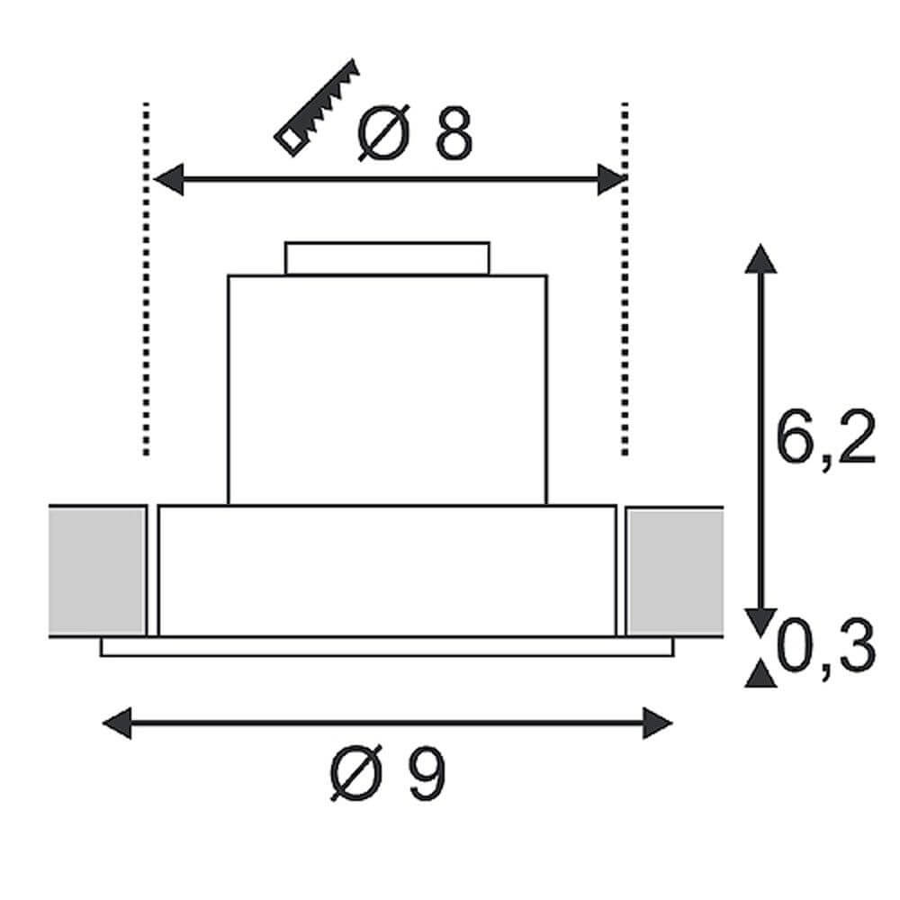 Technische Zeichnung des New Tria LED Downlight Square Weiß 6W 38° 2700K mit Abmessungen und Spezifikationen.