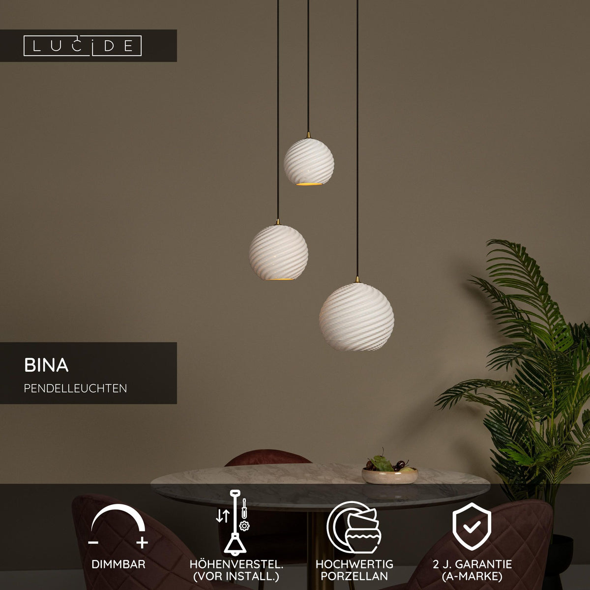 Lampada a sospensione Bina a 3 luci porcellana bianca regolabile in altezza Ø40cm (5)