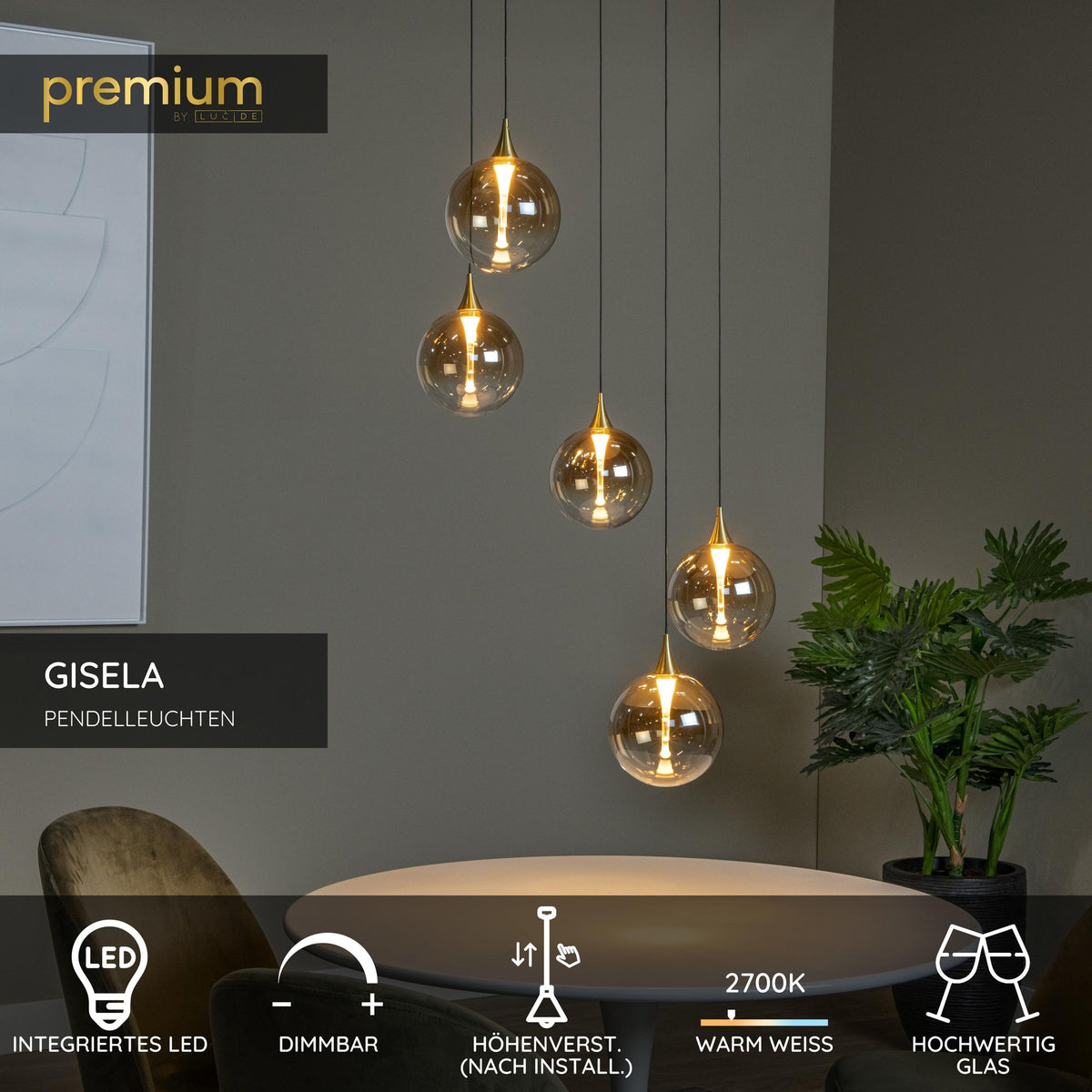 LED-Gisela pendant light 5-light dimmable glass amber 48cm (6)