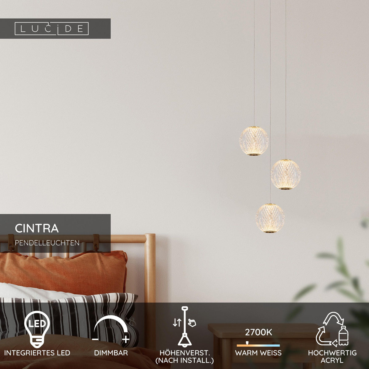 LED-Candeeiro suspenso Cintra de 3 luzes, regulável em altura e com regulação de intensidade Ø 25cm (5)