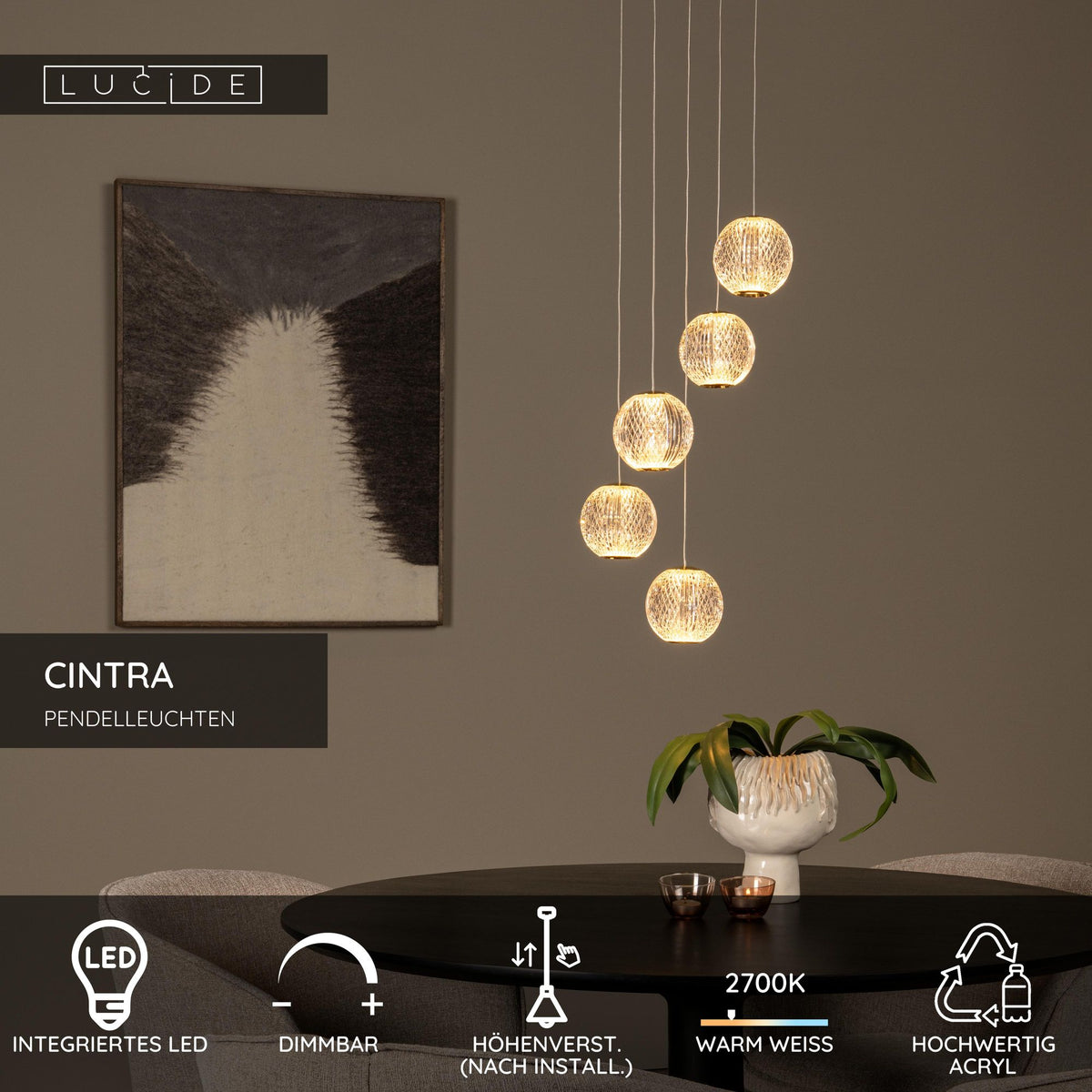 Lampada a sospensione Cintra a 5 luci LED dimmerabile rotonda Ø 32cm bianco caldo Trasparente, Ottone (5)