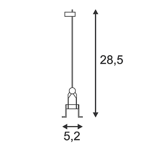 Dessin technique de la suspension sur câble QRB chromé G53 max. 50 W avec indications de dimensions de 28,5 cm et 5,2 cm.