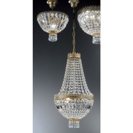 Lampa wisząca Cupola 3-punktowa zielona antyczna ze złotem Ø 40 cm, elegancka lampa kryształowa ze złotymi akcentami.
