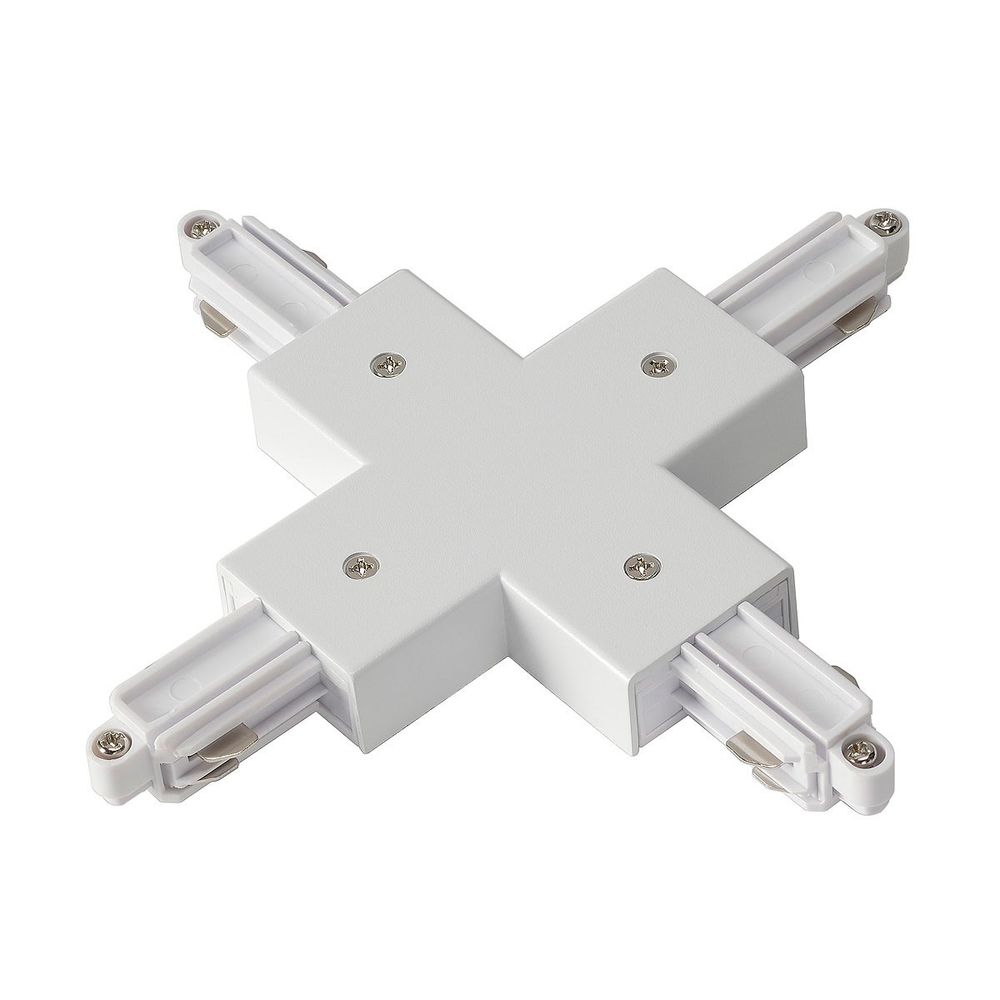X-Verbinder für 1-Phasen HV-Stromschiene Aufbauversion weiß in quadratischer Ausführung.