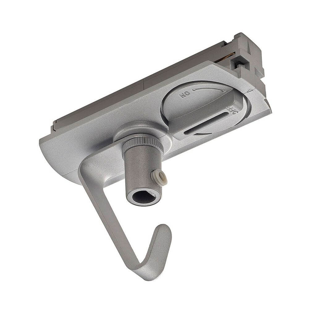 Adapter für 1-Phasen Hochvoltschiene silber elektrisch mit Haken, leuchtenspezifischer Anschlussadapter.
