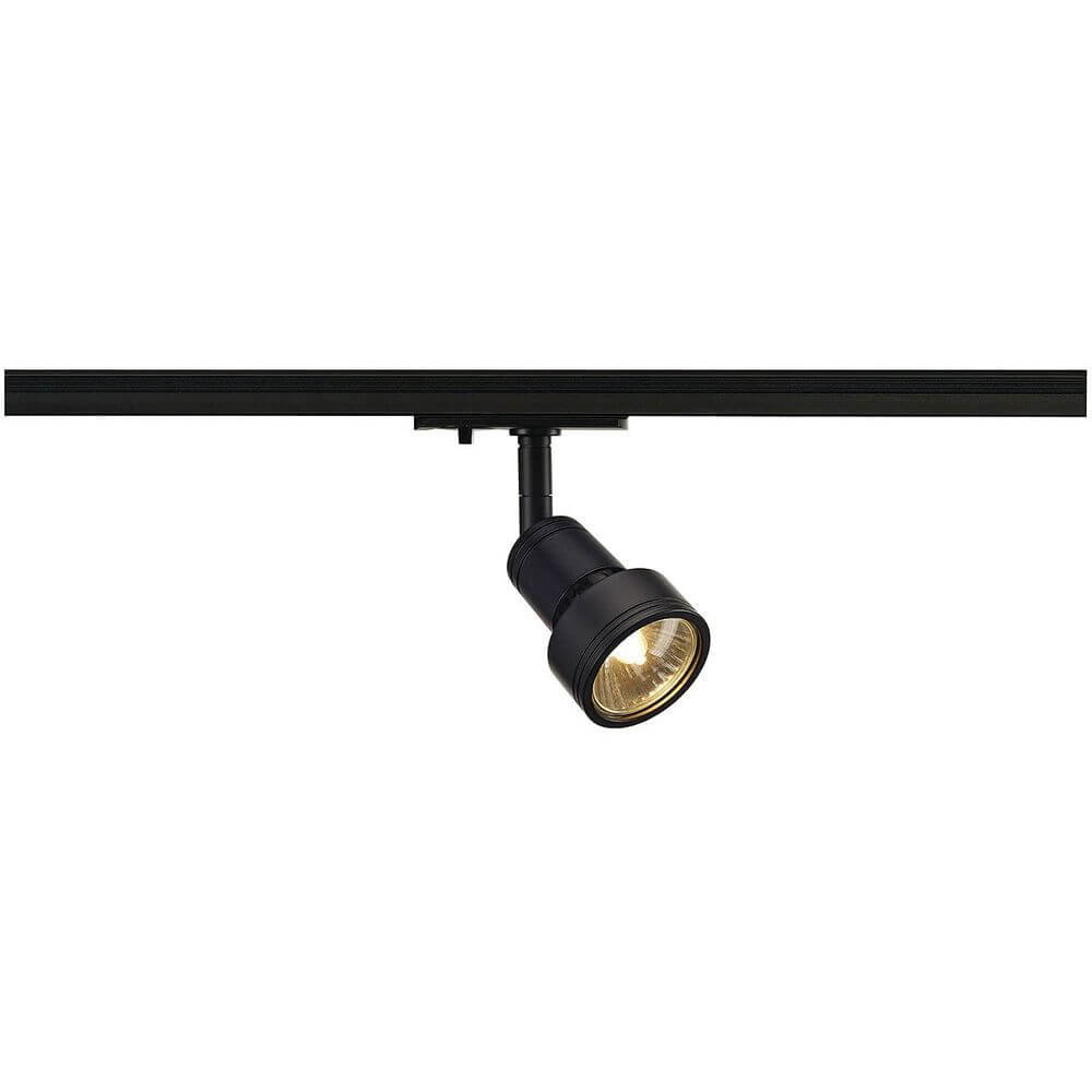 Puri Leuchtenkopf schwarz GU10 max. 50W inkl. 1P.-Adapter auf Hochvolt-Schienen-System montiert.