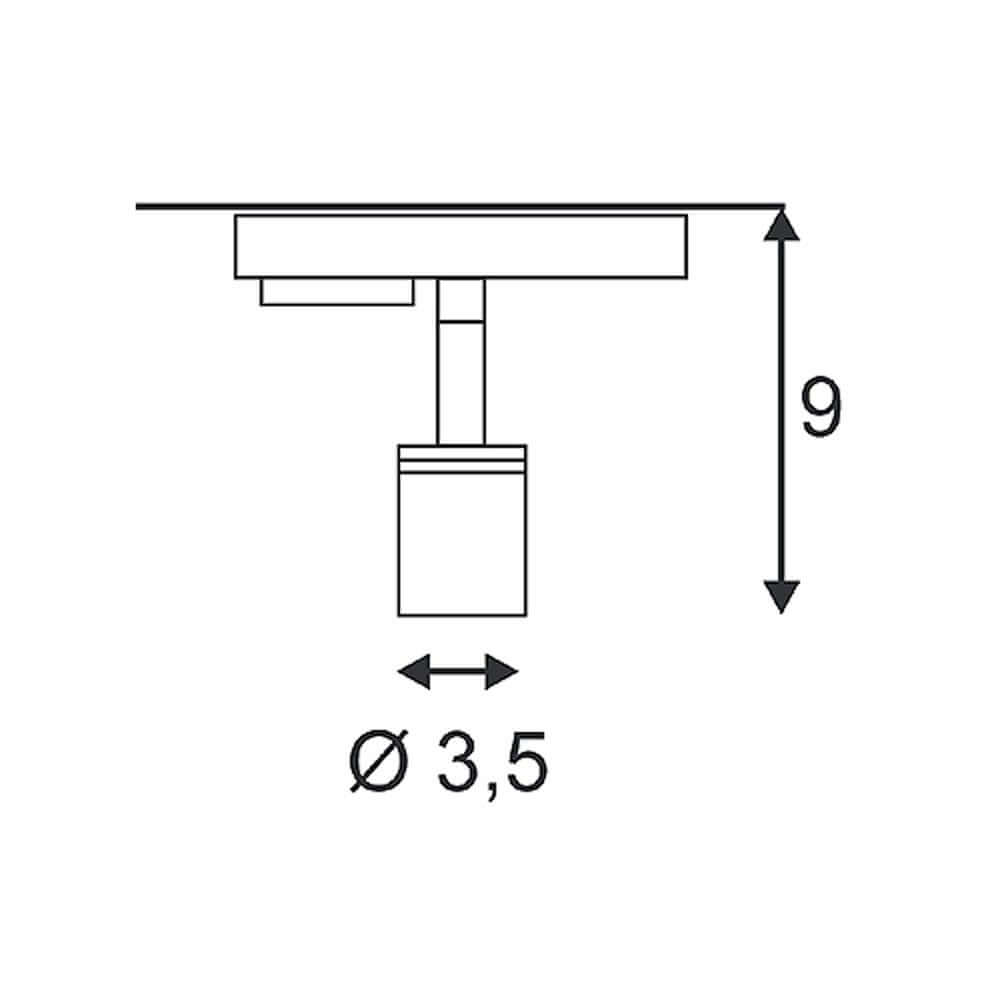 Puri Leuchtenkopf GU10 mit 1Phasen-Adapter Weiß technische Zeichnung mit Abmessungen von Ø 3,5 cm und 9 cm Höhe.