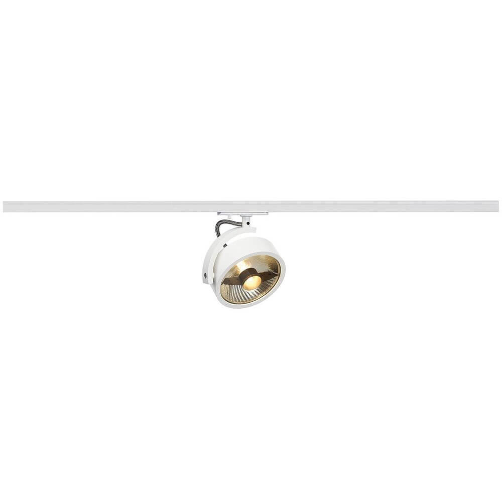 Kalu Track QPAR111 Leuchtenkopf weiß inkl. 1P.-Adapter auf einem Hochvolt-Schienen-System montiert.