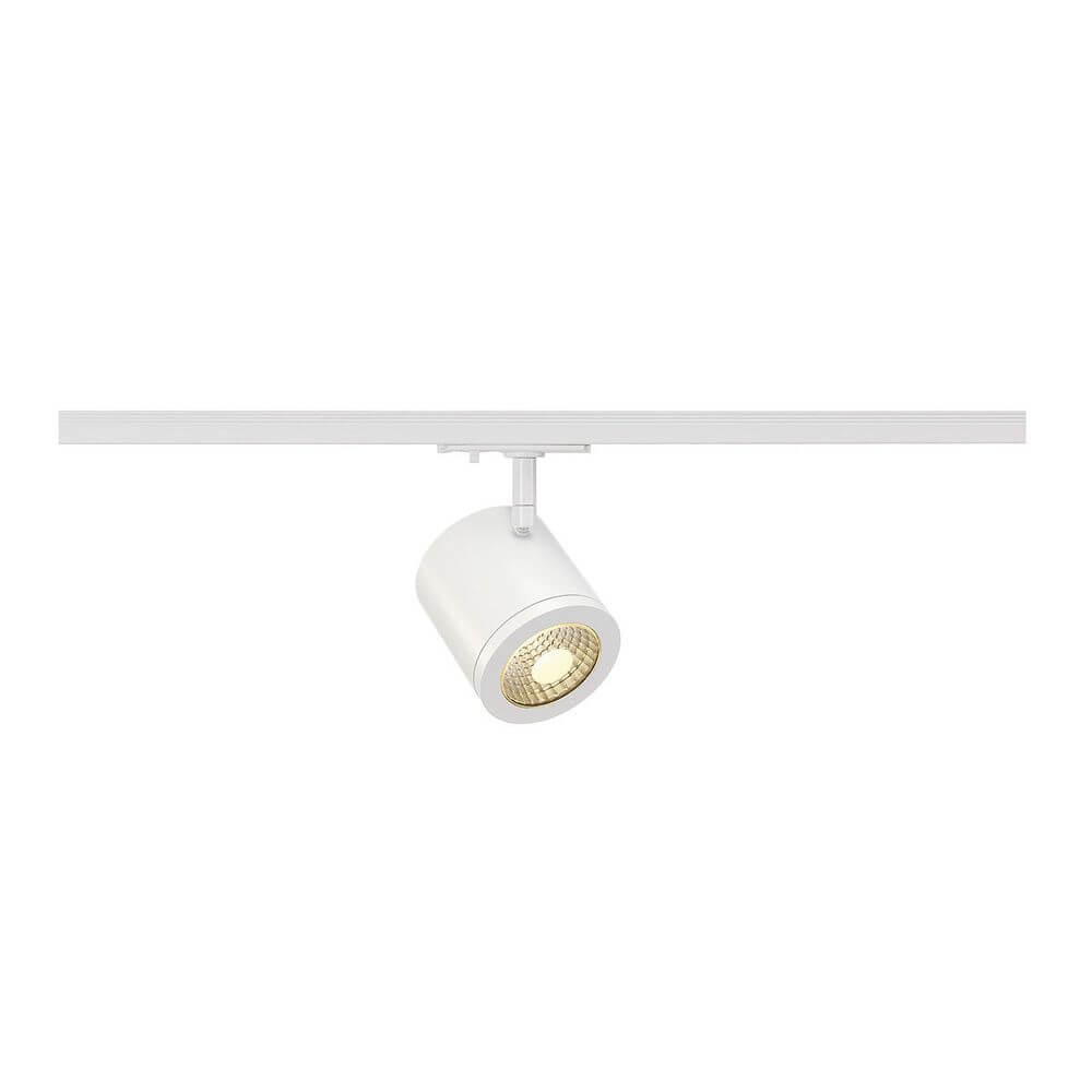 Enola C Spot rund weiß 9W LED 3000K 35° inkl. 1P.-Adapter an einer Hochvolt Schiene montiert.