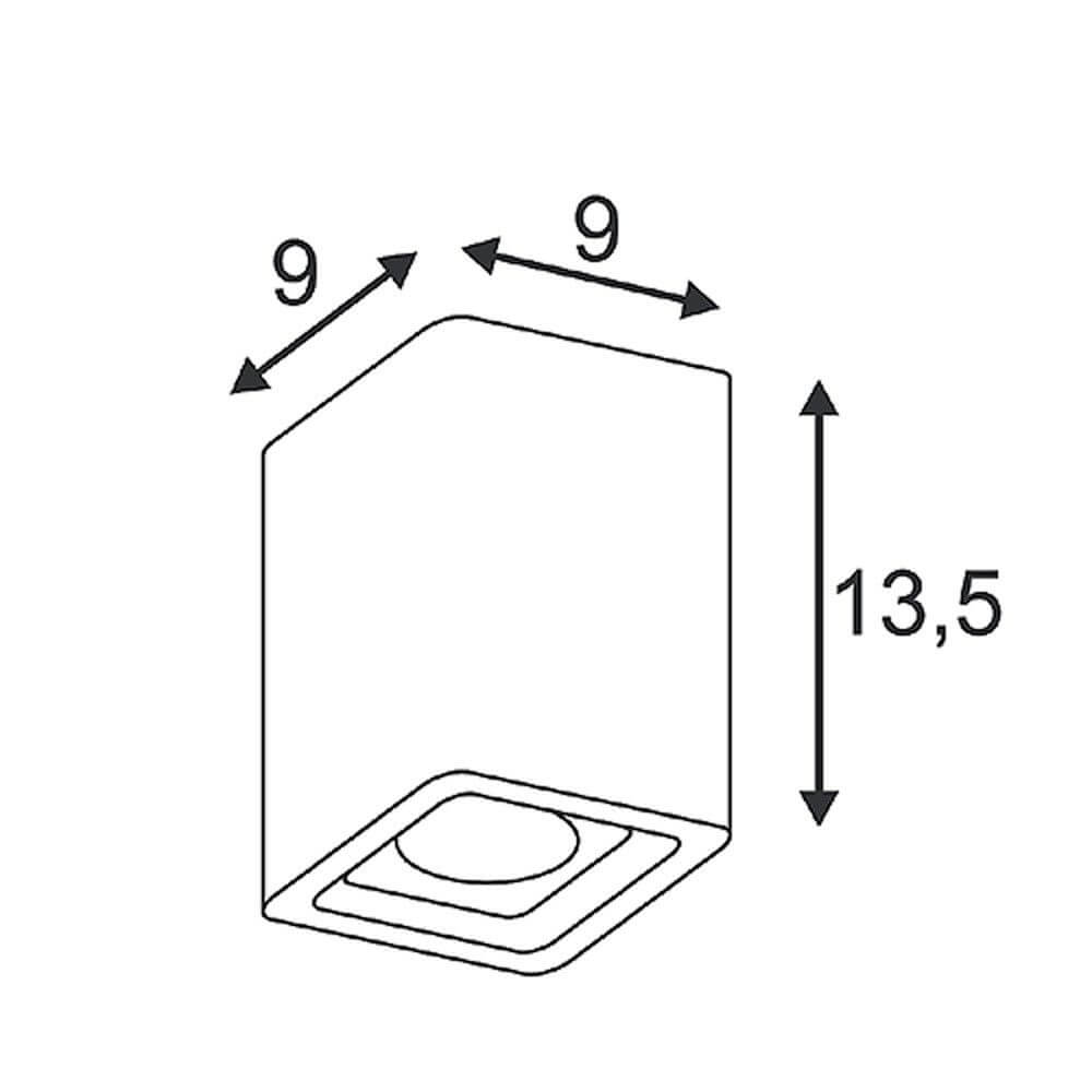 Plastra Deckenleuchte CL-1 eckig weißer Gips GU10 max. 35W Maße Skizze mit 9x9x13,5 cm.