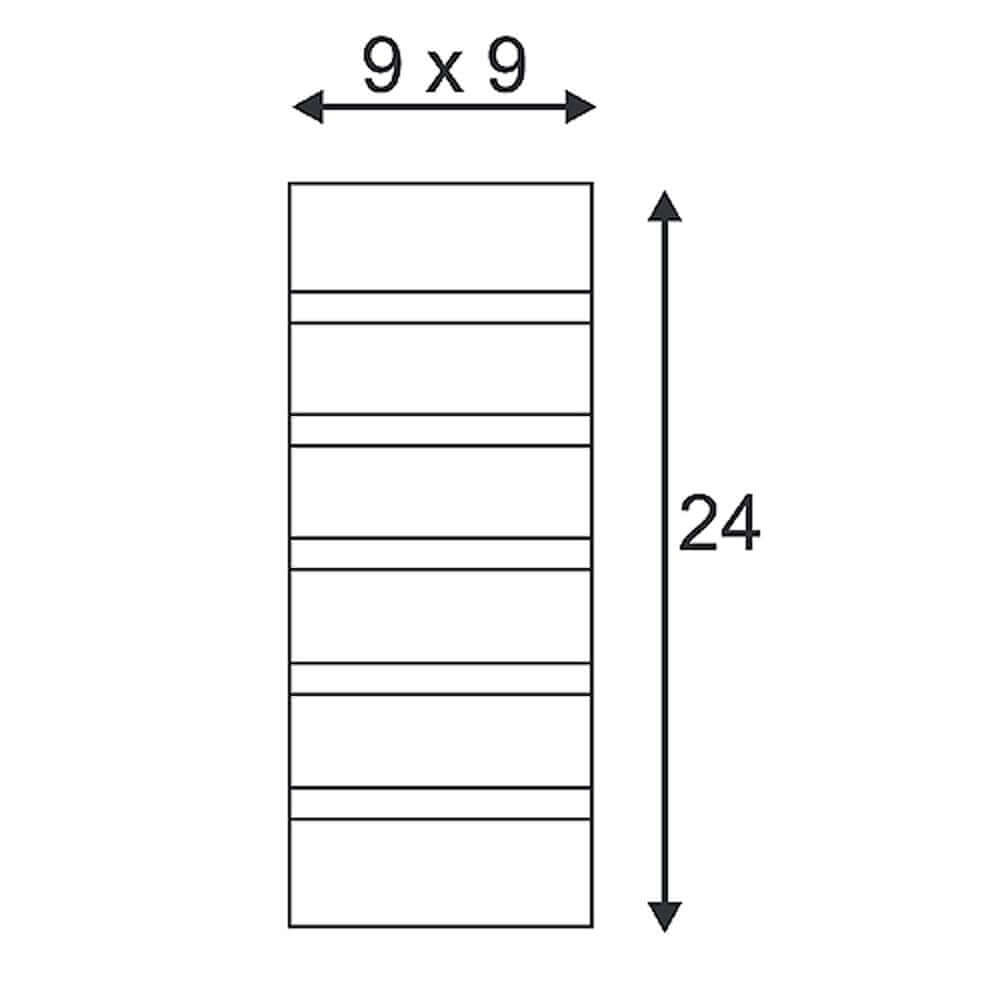 Maßzeichnung der Wandleuchte GL 100 Slot eckig weisser Gips E14 max. 40W mit Abmessungen von 9x9 und 24.
