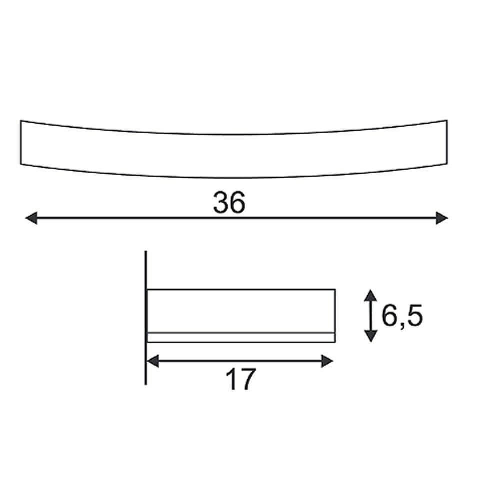 Maßzeichnung der Wandleuchte GL 102 Curve weißer Gips mit Abmessungen 36x17x6,5 cm.