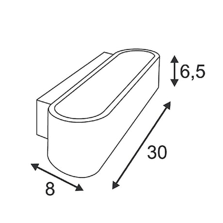 Dimension drawing of the Ossa R7s 300 Wall Light Oval Matte Black, 30x8 cm with a height of 6.5 cm.