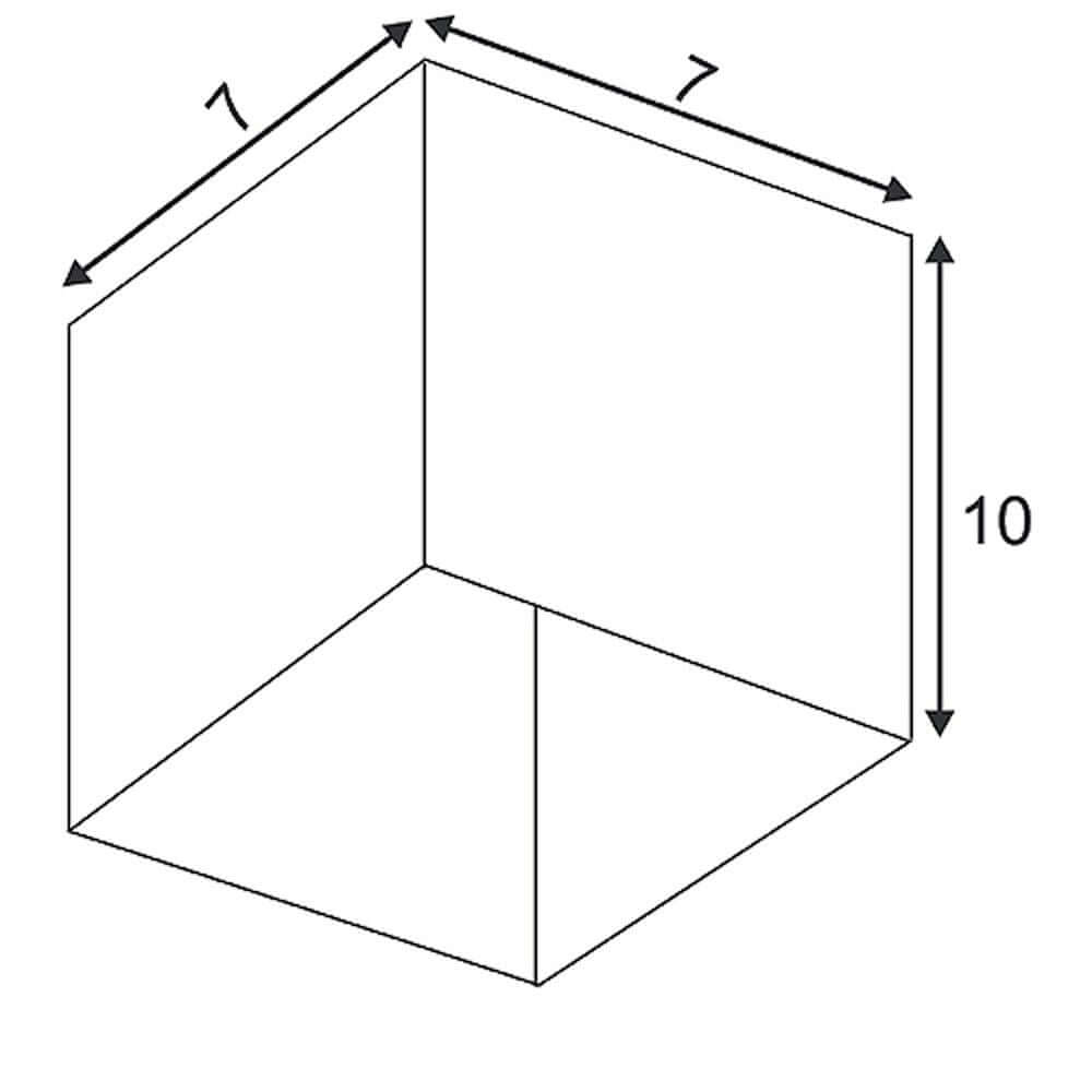 Technische Zeichnung eines Würfels mit den Abmessungen 7x7x10 cm.