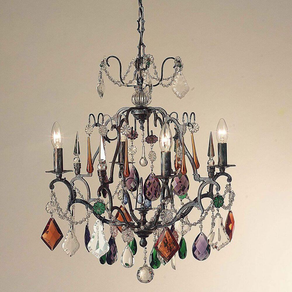 Hängeleuchte 4-flammig Symphonie Color Bronze, Bleikristall mit bunten Kristallanhängern.
