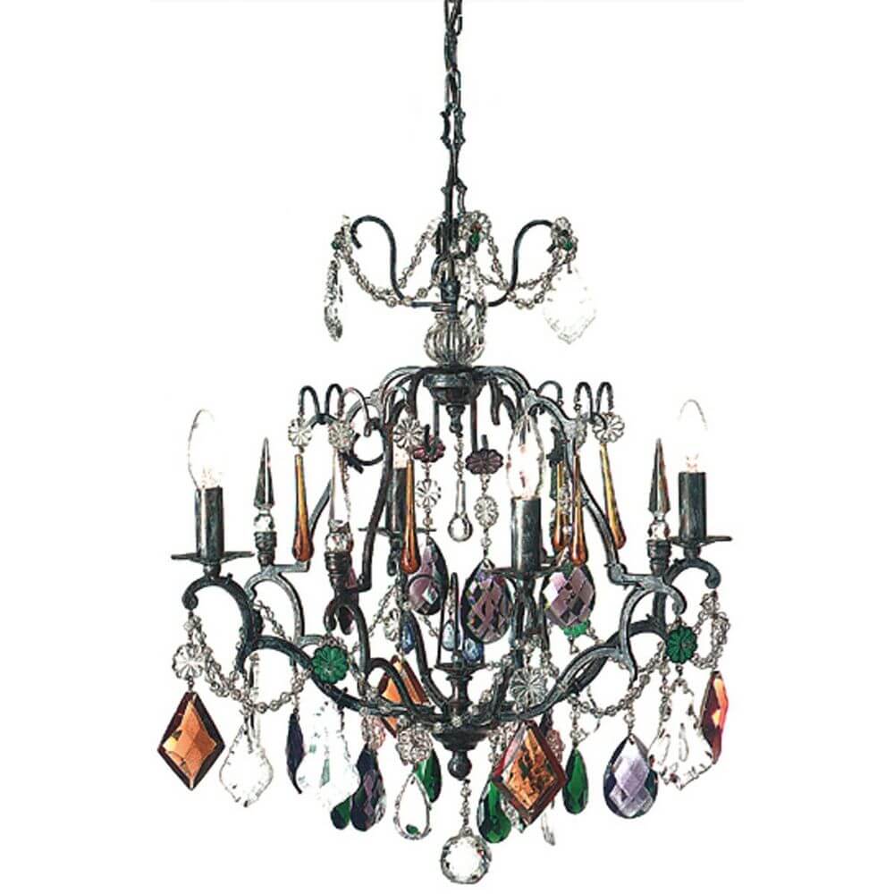 Hängeleuchte 4-flammig Symphonie Color Bronze, Bleikristall mit bunten Kristallen und eleganten Details.