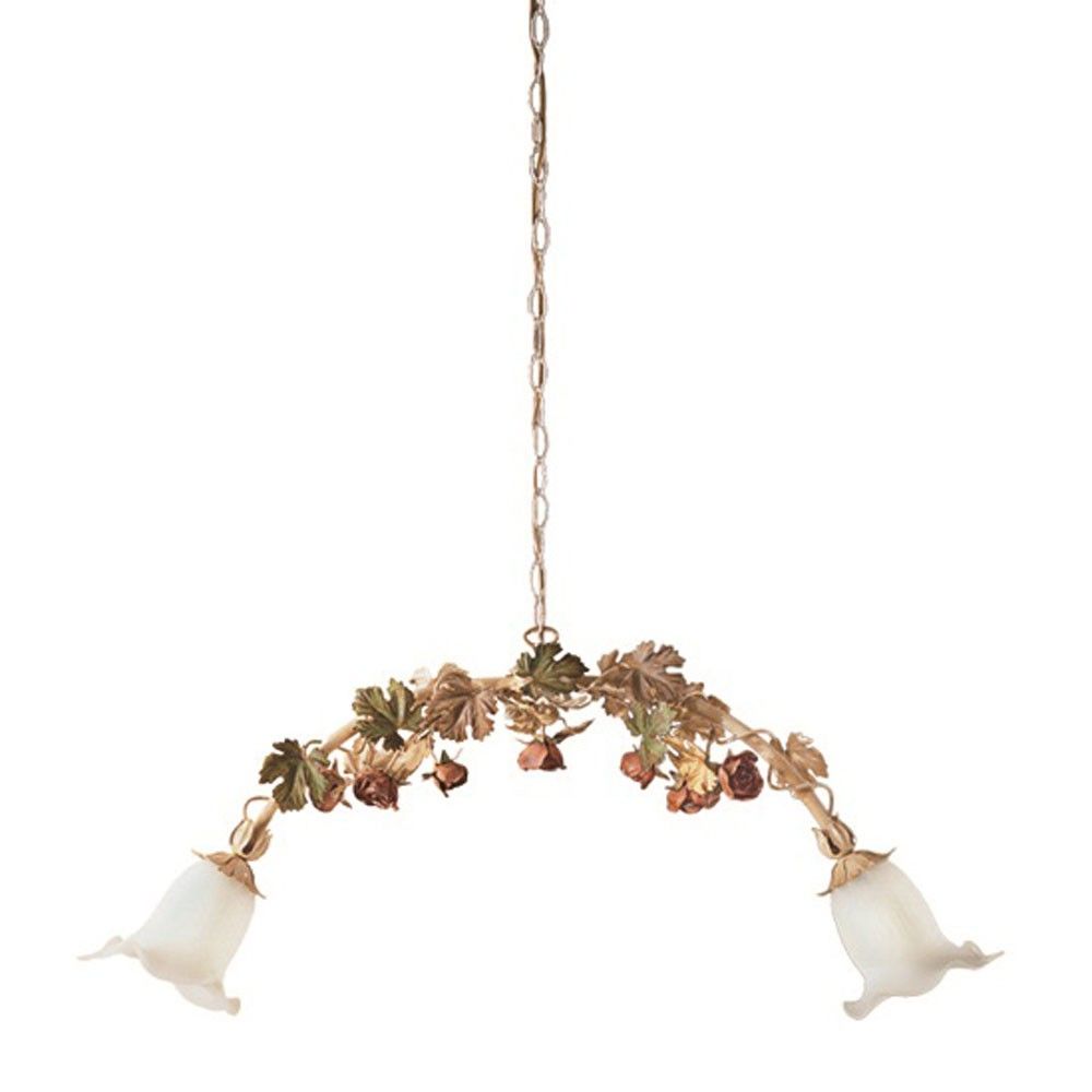 Roseto Balken 2-flammig altweiß natur-antik Pendelleuchte mit eleganten Blüten und Blattdesign.
