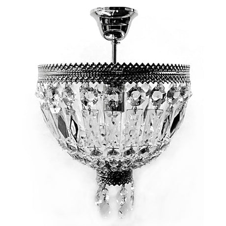 Cupola Nickel riippuvalaisin, kiiltävän nikkelin värinen, Ø 30 cm, kristallilasilla ja metallilla, hienostunut design.