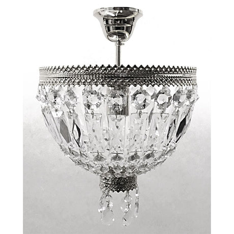 Cupola Nickel riippuvalaisin, kiiltävän nikkelin värinen, Ø 30 cm, kristallilasilla ja metallilla, ihanteellinen eleganttiin tunnelmaan.