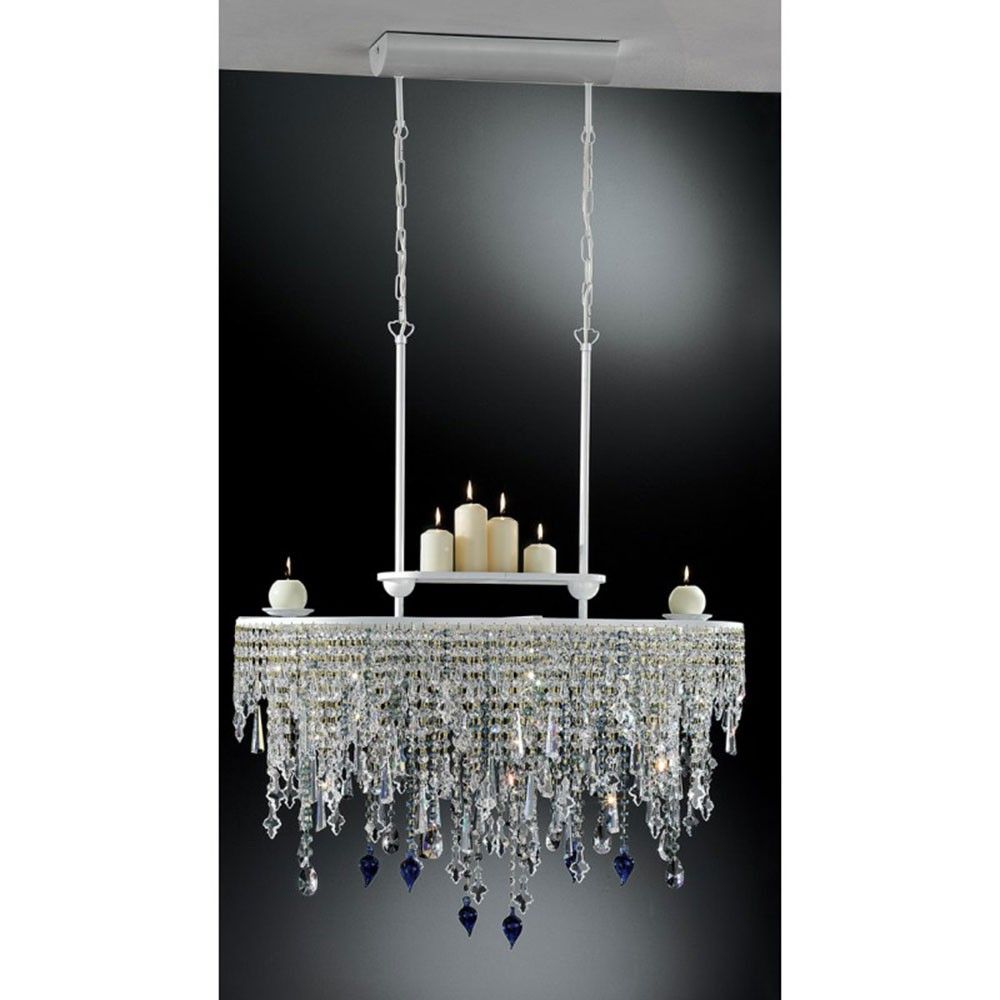 White Dream Pendelleuchte 4-flammig oval brillant Weiß 95cm mit funkelnden Kristallen und Kerzen.
