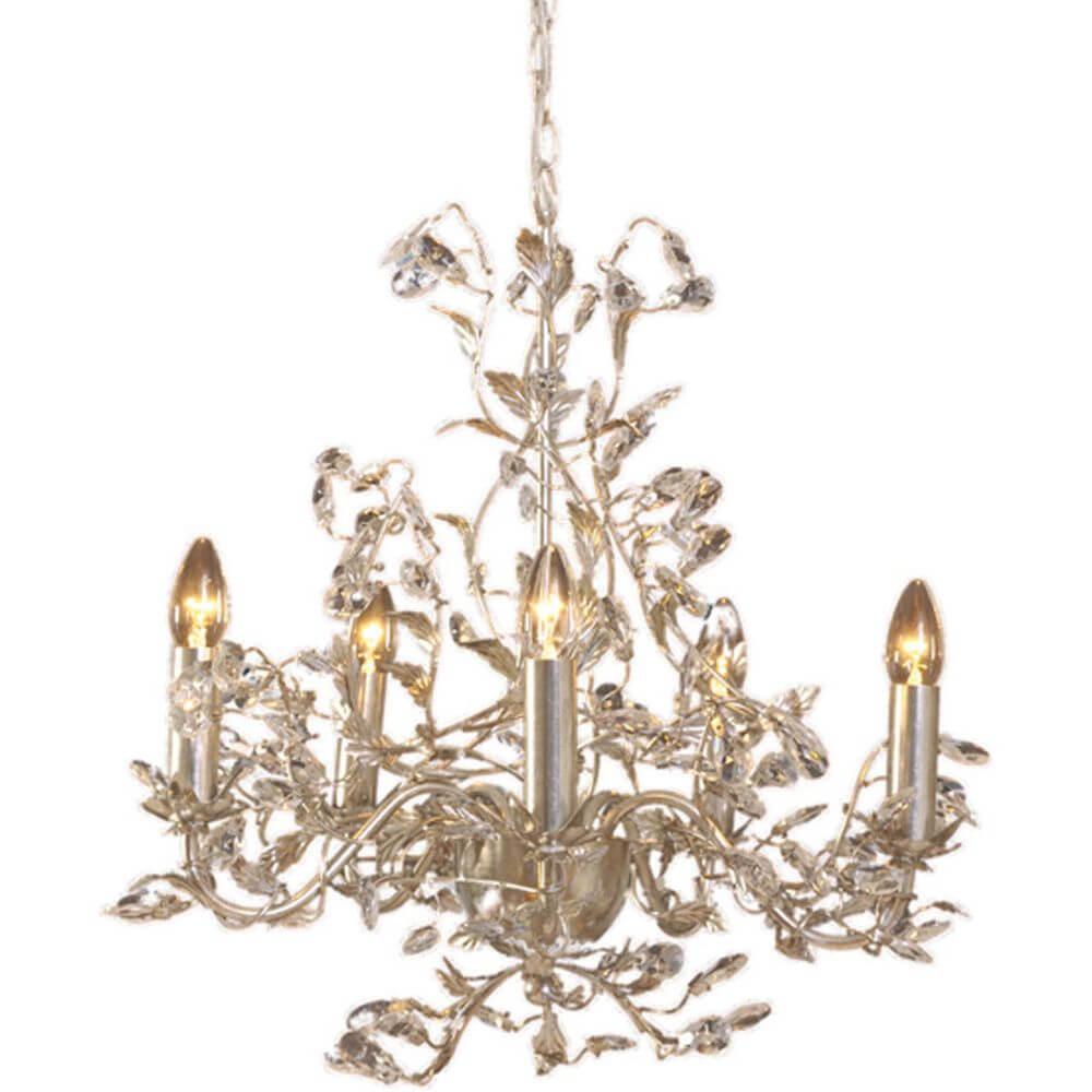 Hängeleuchte 5-flammig Buono Medium Eisen Silber mit floralen Motiven und elegantem Design.