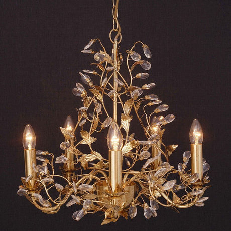 5-light pendant light Buono Medium Iron Gold with elegant glass crystals and gold details.
