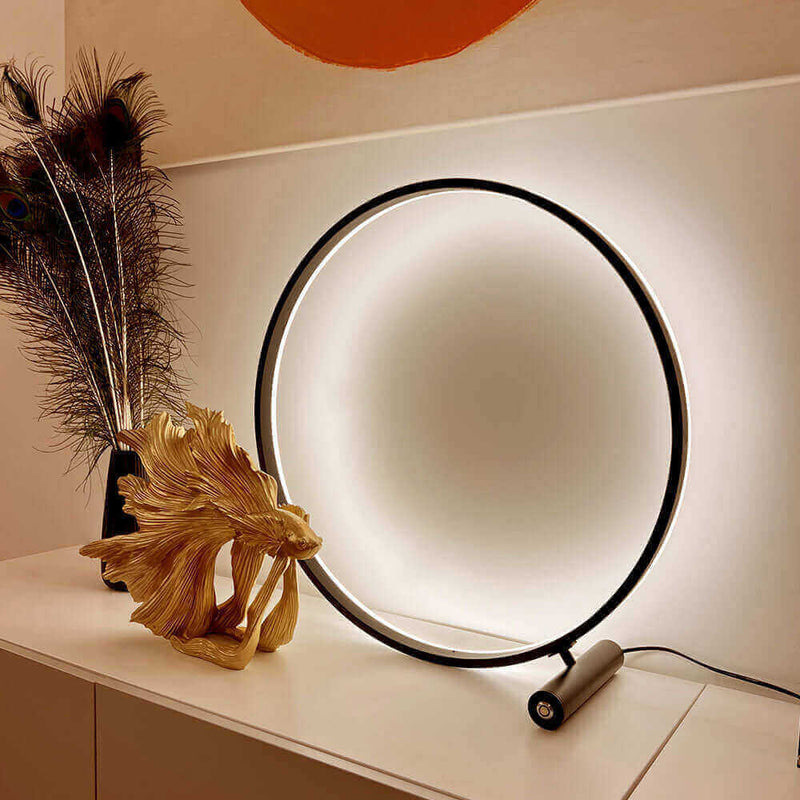 Moderne Lampe im Ringdesign, ökologisch gestaltete Dekoration mit Federn im Hintergrund.