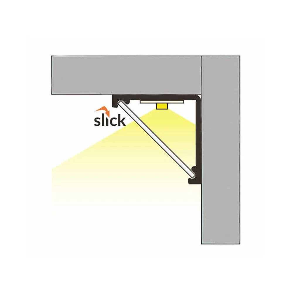 Illustration des LED Aluminiumprofils Eck Duo mit schräger Anstrahlung für gleichmäßige Ausleuchtung.